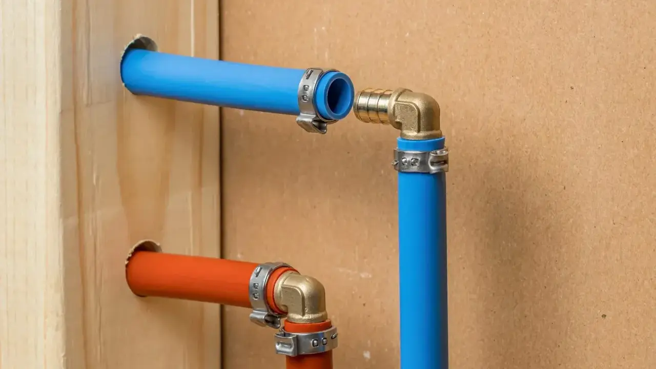 Instalacja hydrauliczna: przejście z tece na pex. Niebieskie i pomarańczowe rury PEX połączone złączkami mosiężnymi.