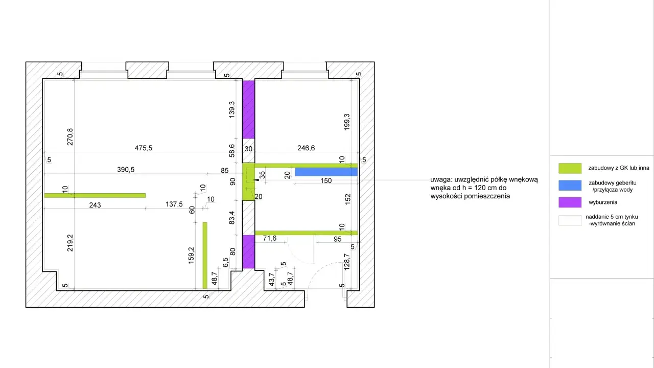 Plan architektoniczny przedstawiający połączenie sufitu podwieszanego ze ścianą, z zaznaczonymi wymiarami i elementami zabudowy.