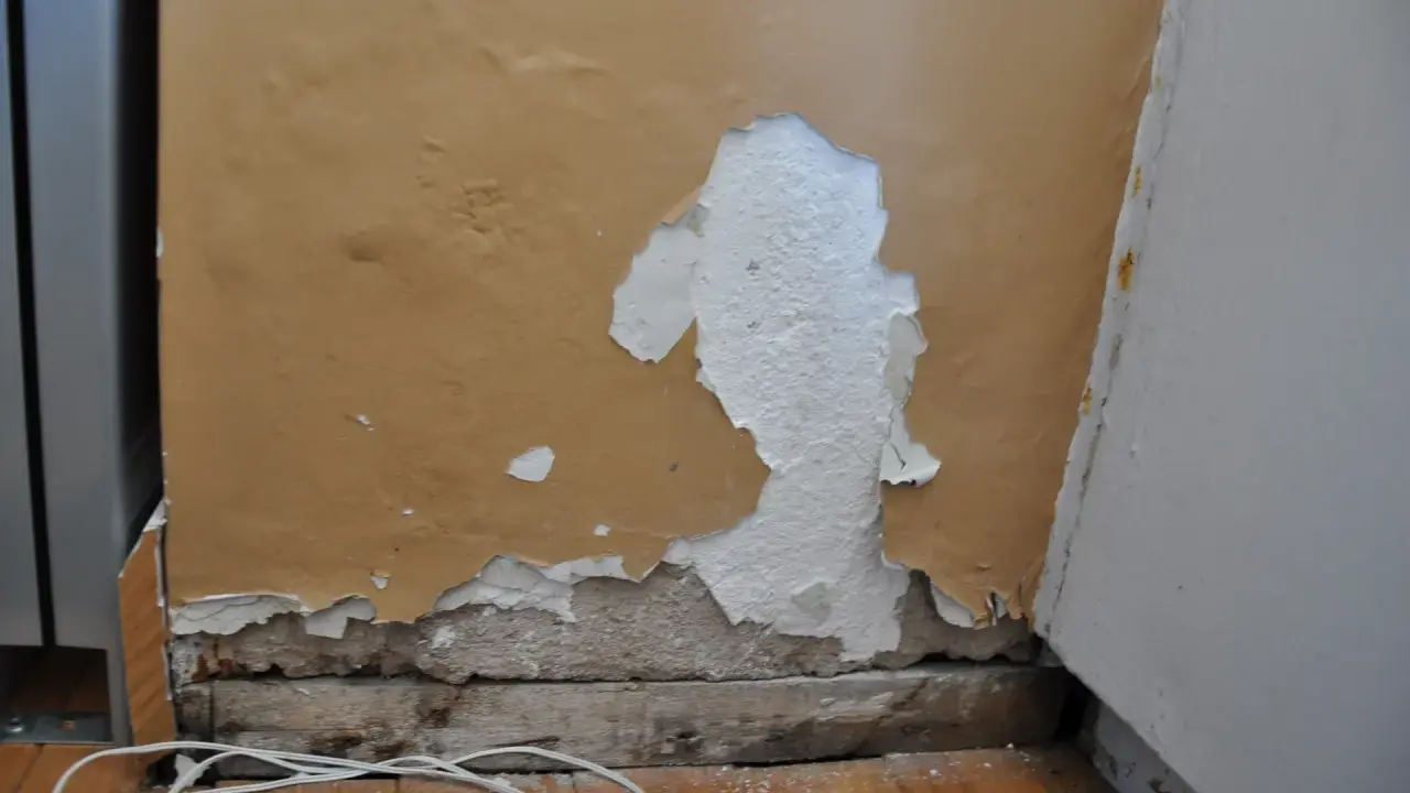 Zła gładź na ścianie, łuszcząca się farba odsłania tynk. Widoczne drewniane belki i biały kabel na podłodze.