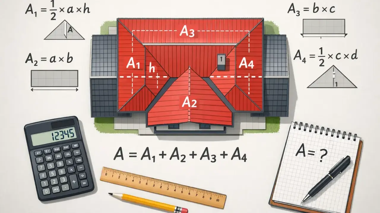 Ilustracja domu z dachem dwuspadowym, wzory matematyczne, kalkulator i przybory kreślarskie.