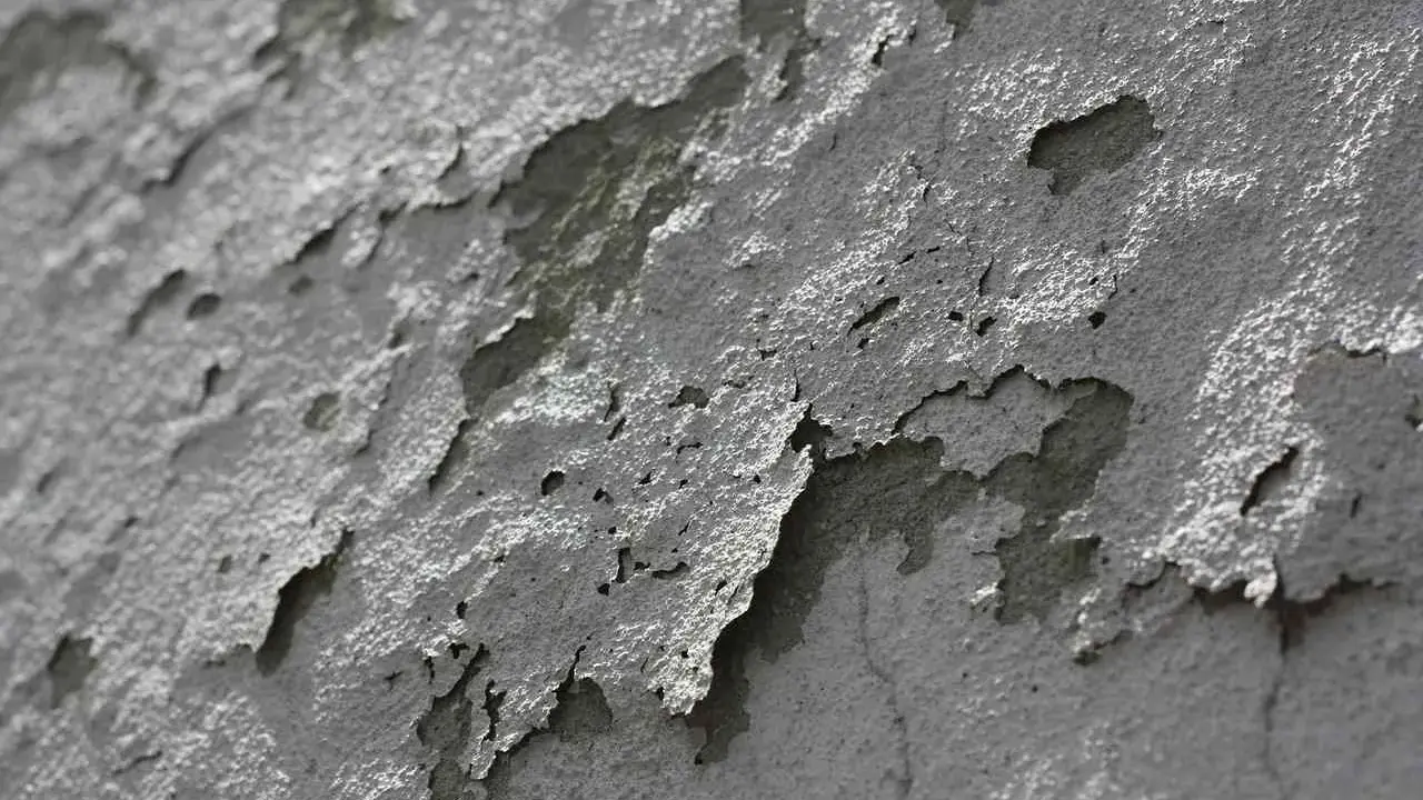 Grzyb na tynku gipsowym tworzy ciekawe, postrzępione wzory, jakby natura malowała na ścianie.