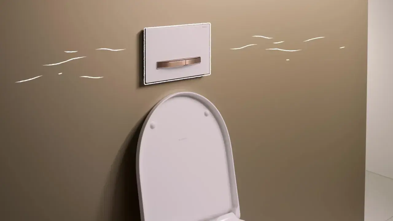Nowoczesne WC z podtynkowym przyciskiem spłukującym, gotowe do podłączenia do odpływu.