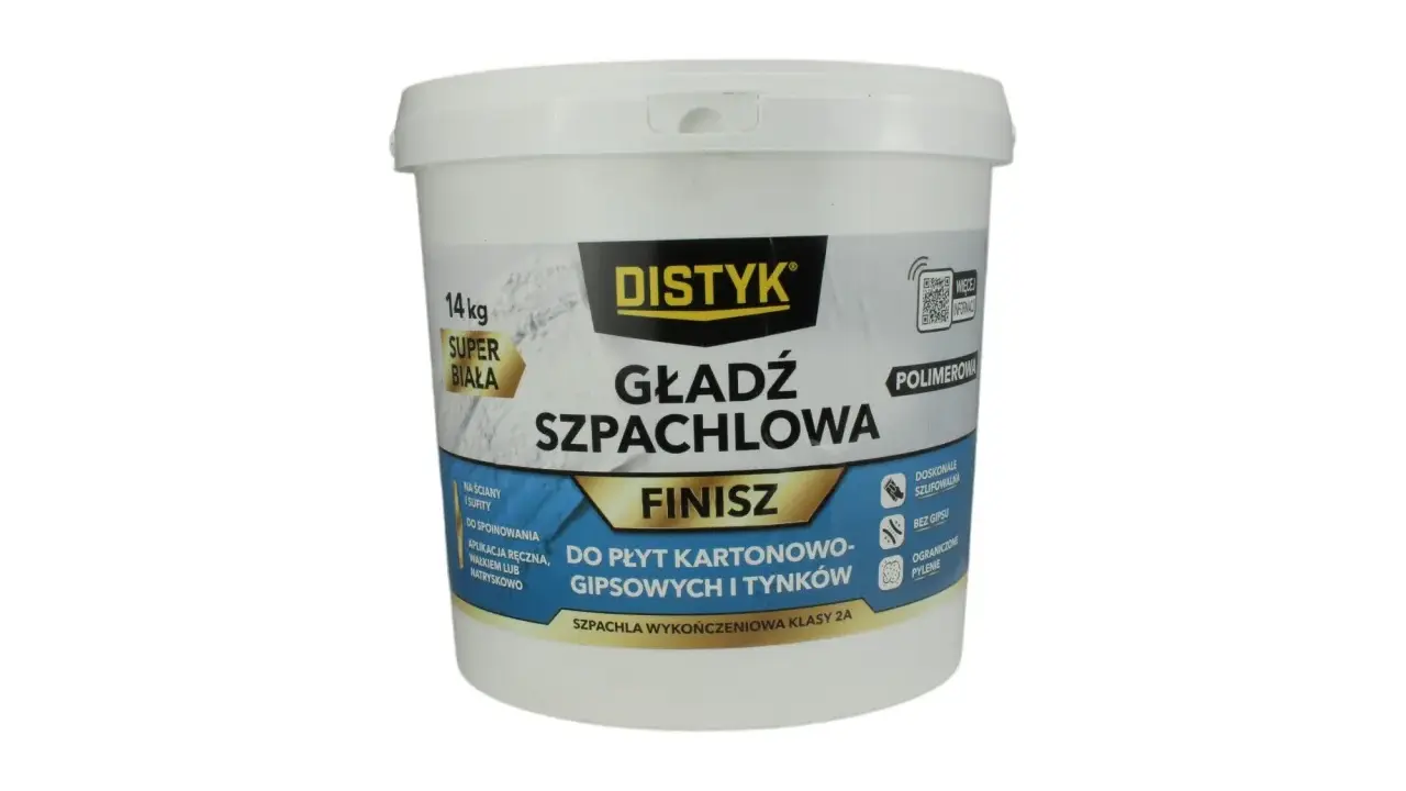 Biała gładź szpachlowa Distyk 14 kg, polimerowa, idealna na ściany i sufity. Szukasz, jaka gładź najlepsza do wykończenia? Ta sprawdzi się świetnie!