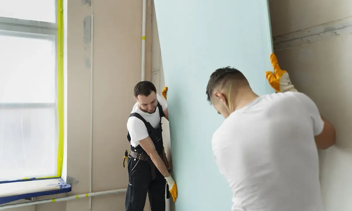 Dwóch budowlańców w rękawiczkach montuje dużą, jasnoniebieską płytę gipsowo-kartonową. Praca przy przykręcaniu płyt gk wymaga precyzji.
