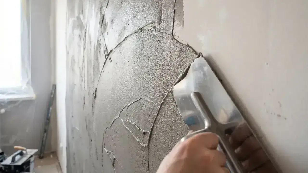 Ręka zacierająca świeżą masę naprawczą do tynku cementowo-wapiennego na ścianie.