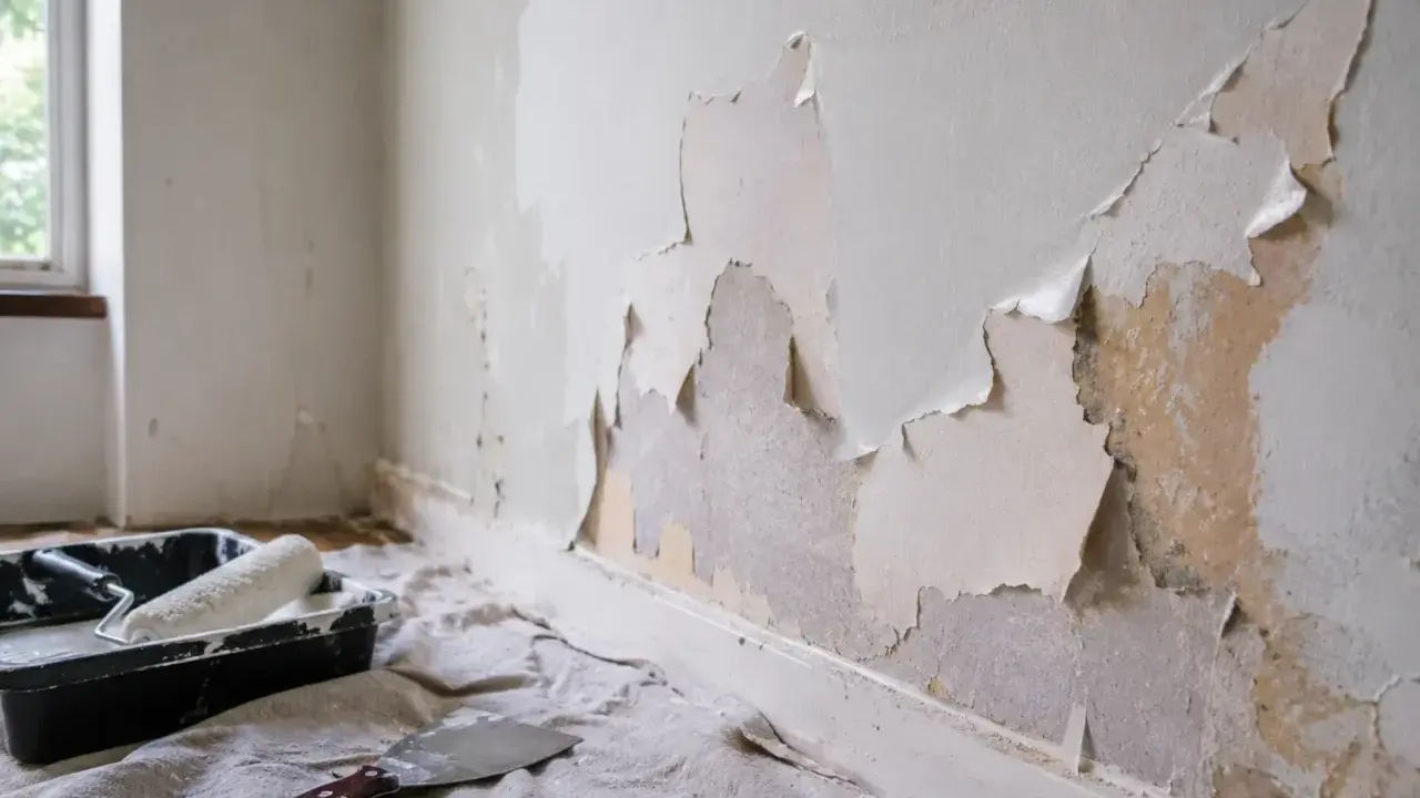 Ściana łuszczy się, farba nie kryje. Przygotowania do malowania: kuweta z wałkiem, szpachelka, płachta.
