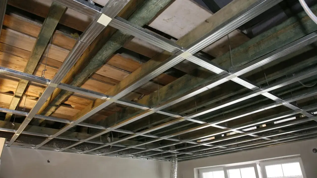 Szkielet metalowy do montażu sufitów podwieszanych, ukazujący różne rodzaje konstrukcji i materiałów izolacyjnych.