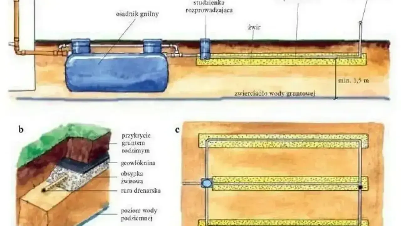 Schemat pokazuje, jak kłaść rurę drenarską wokół osadnika gnilnego. Drenaż zapewnia odprowadzenie wody gruntowej.