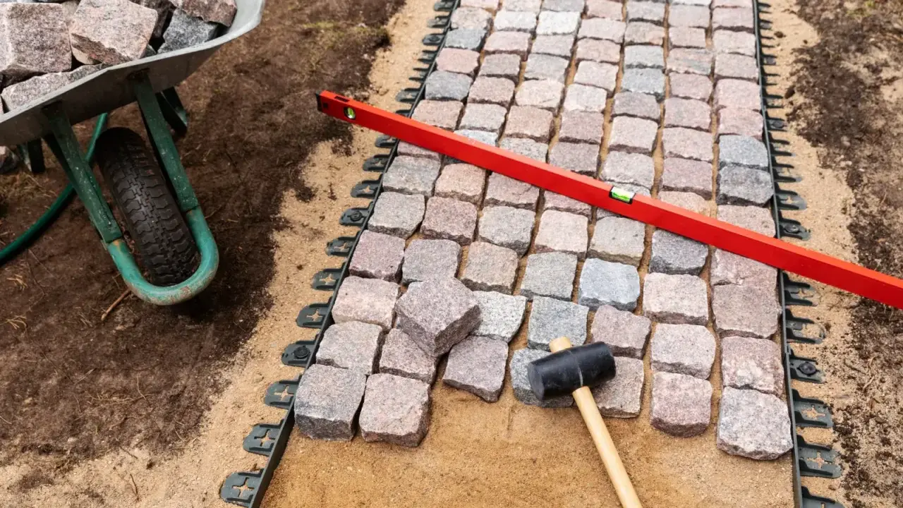 Układanie kostki brukowej z progiem. Wózek z kamieniami, poziomica i gumowy młotek czekają na dokończenie ścieżki.