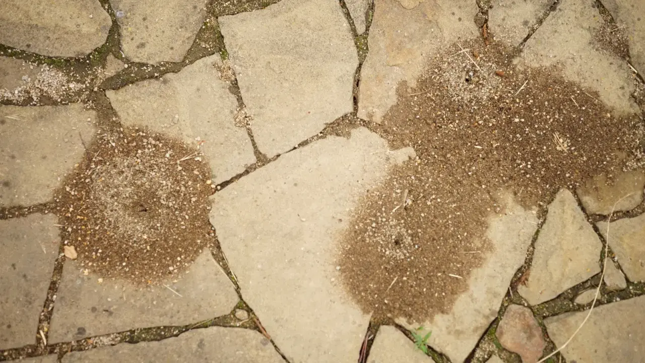 Dwa kopce mrówki w kostce brukowej, świadczące o pracowitym życiu pod stopami.