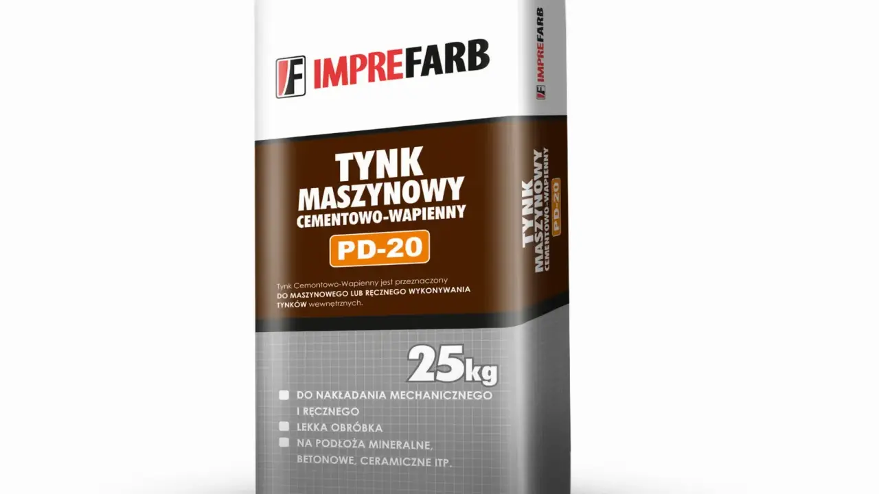 Imprefarb Tynk Maszynowy Cementowo-Wapienny PD-20, 25kg. Idealny do nakładania mechanicznego i ręcznego na podłoża mineralne.