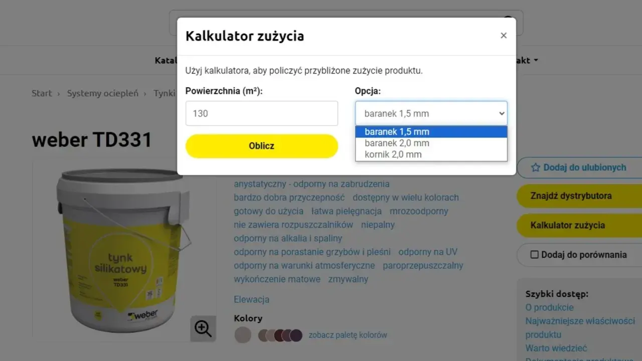 Kalkulator zużycia tynku silikatowego weber TD331. Powierzchnia 130 m², opcja baranek 1,5 mm. Ile tynków na dom 150m2?