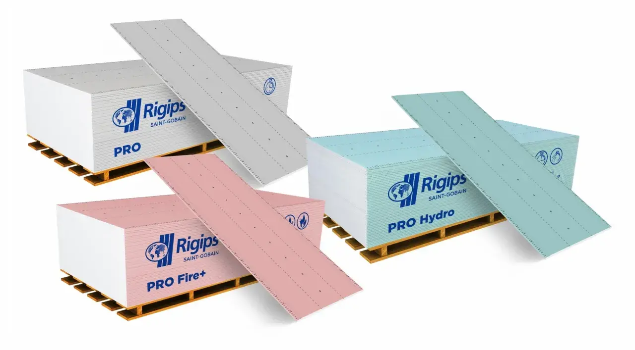 Karton gips do łazienki: zielone płyty Rigips PRO Hydro, różowe PRO Fire+ i szare PRO na paletach.