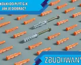 Pomarańczowe kołki do płyt gk i dwa szare kołki z wkrętami na szarym tle. Jak dobrać kołki do płyt gk?