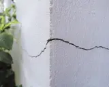 Pęknięcie na białej ścianie budynku, widoczne z bliska, z zielonymi liśćmi w tle.