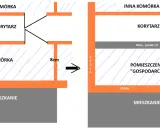 Schemat pokazuje, czym wypełnić szczelinę między sufitem a ścianą: 8 cm pustaka lub 18 cm pustaka (?) w pomieszczeniu gospodarczym.