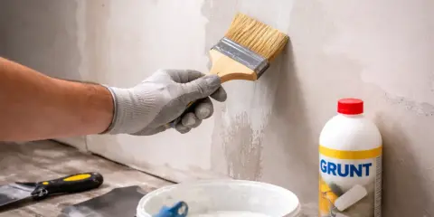 Gruntowanie ścian z płyt gipsowych przed nałożeniem gładzi. Pędzel nakłada biały preparat.