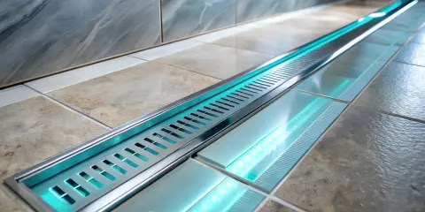 Nowoczesny odpływ liniowy z podświetleniem LED, który zapobiega błędom montażu i dodaje elegancji łazience.