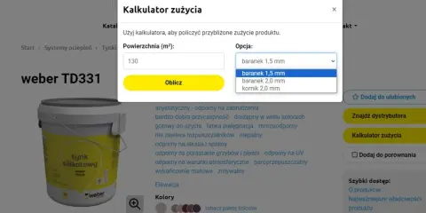 Kalkulator zużycia tynku silikatowego weber TD331. Powierzchnia 130 m², opcja baranek 1,5 mm. Ile tynków na dom 150m2?