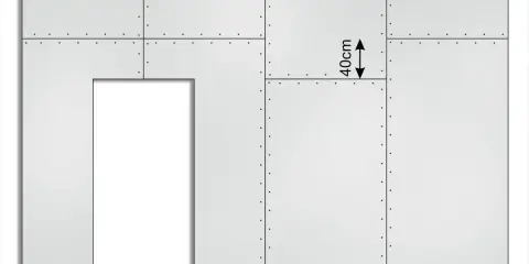 Schemat ściany z płyt g-k z zaznaczonym otworem drzwiowym i wymiarem 40cm. Widać rozmieszczenie wkrętów, co pozwala oszacować, ile wkrętów na płytę gk potrzeba.