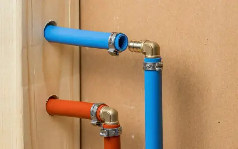 Instalacja hydrauliczna: przejście z tece na pex. Niebieskie i pomarańczowe rury PEX połączone złączkami mosiężnymi.