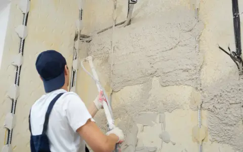Pracownik w białej koszulce i granatowym ogrodniczkach stosuje agregat do tynkowania stare ściany. Widać przygotowania do prac.