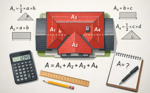 Ilustracja domu z dachem dwuspadowym, wzory matematyczne, kalkulator i przybory kreślarskie.