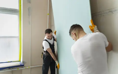 Dwóch budowlańców w rękawiczkach montuje dużą, jasnoniebieską płytę gipsowo-kartonową. Praca przy przykręcaniu płyt gk wymaga precyzji.