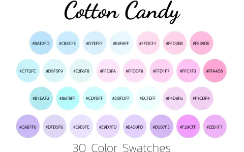 Paleta barw "Cotton Candy" zawiera delikatne odcienie błękitu, różu i fioletu, przypominające słodką watę cukrową.