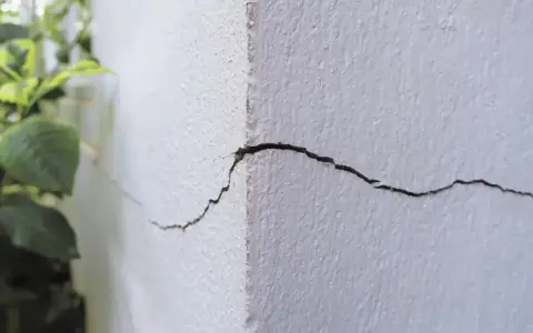Pęknięcie na białej ścianie budynku, widoczne z bliska, z zielonymi liśćmi w tle.
