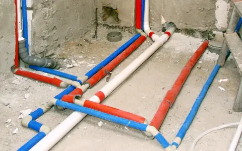 Skomplikowana instalacja wodna w karton gipsie, z rurami w kolorach czerwonym, niebieskim i białym, gotowa do ukrycia.