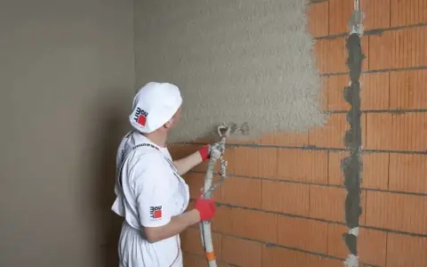 Pracownik w białym stroju nakłada gładź na tynk cementowo wapienny za pomocą agregatu tynkarskiego.