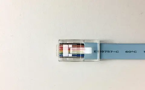 Przezroczysta wtyczka RJ45 z kolorowymi żyłkami kabla sieciowego, przypominająca budową kabel FTP a UTP.