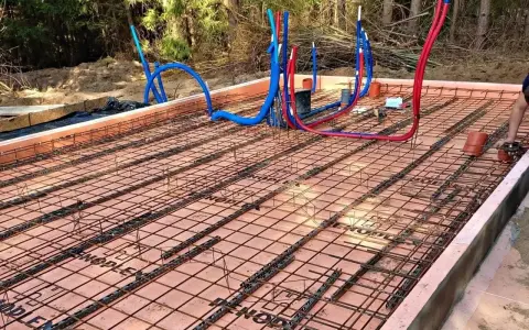Przygotowanie do zatapiania siatki na suficie. Widoczne rury instalacyjne i zbrojenie pod wylewkę.