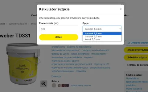 Kalkulator zużycia tynku silikatowego weber TD331. Powierzchnia 130 m², opcja baranek 1,5 mm. Ile tynków na dom 150m2?