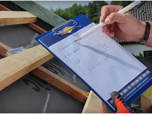 Rysunki na notesie pokazują, jak wymierzyć dach kopertowy. Obliczenia na papierze pomagają w pracach dekarskich.