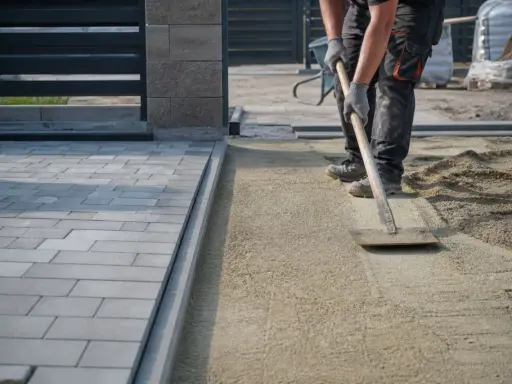 Pracownik wyrównuje piasek, przygotowując podbudowę pod chodnik.
