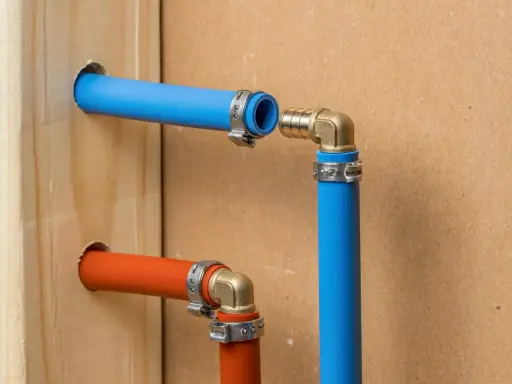 Instalacja hydrauliczna: przejście z tece na pex. Niebieskie i pomarańczowe rury PEX połączone złączkami mosiężnymi.