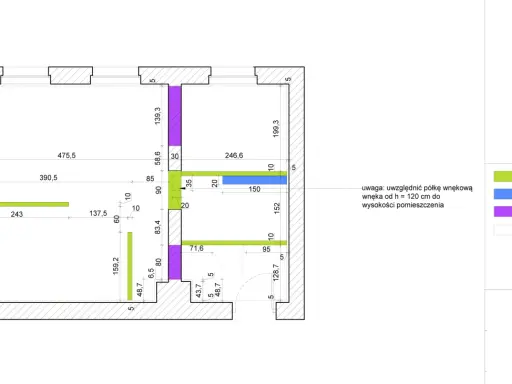 Plan architektoniczny przedstawiający połączenie sufitu podwieszanego ze ścianą, z zaznaczonymi wymiarami i elementami zabudowy.