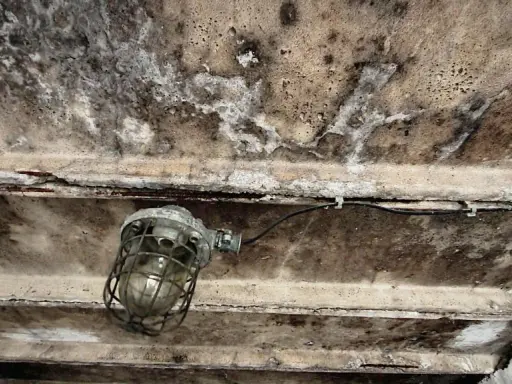 Wilgotny sufit garażu nieogrzewanego, z widoczną lampą przemysłową i śladami pleśni. Jaki tynk do garażu nieogrzewanego sprawdzi się w takich warunkach?