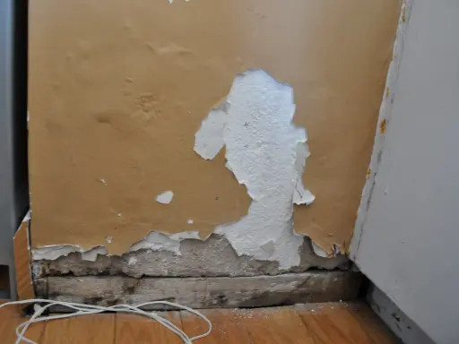 Zła gładź na ścianie, łuszcząca się farba odsłania tynk. Widoczne drewniane belki i biały kabel na podłodze.