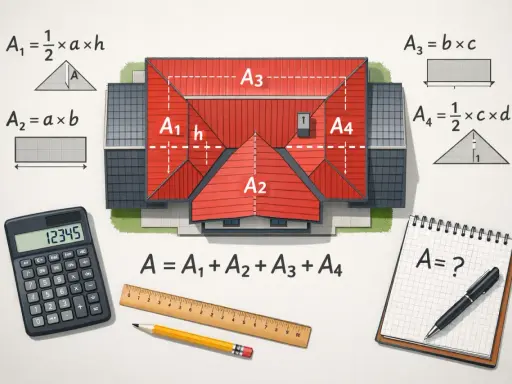 Ilustracja domu z dachem dwuspadowym, wzory matematyczne, kalkulator i przybory kreślarskie.