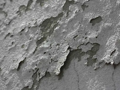 Grzyb na tynku gipsowym tworzy ciekawe, postrzępione wzory, jakby natura malowała na ścianie.