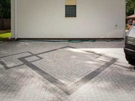 Nowoczesne układanie kostki na grysie z geometrycznym wzorem. Wjazd do domu z szarej kostki.