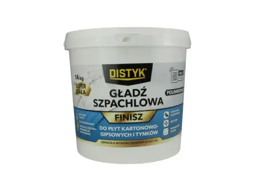 Biała gładź szpachlowa Distyk 14 kg, polimerowa, idealna na ściany i sufity. Szukasz, jaka gładź najlepsza do wykończenia? Ta sprawdzi się świetnie!
