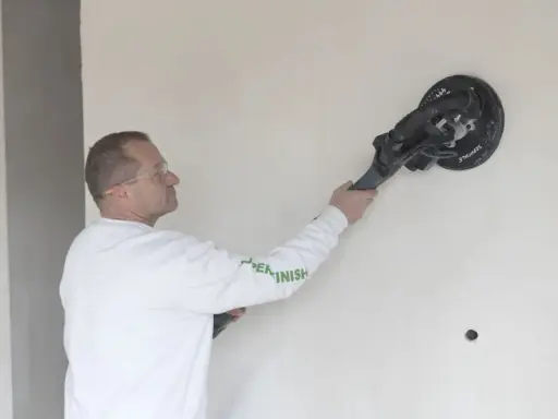 Mężczyzna w okularach ochronnych szlifuje ścianę gładzią z włóknem szklanym, przygotowując ją do malowania.