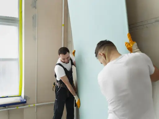 Dwóch budowlańców w rękawiczkach montuje dużą, jasnoniebieską płytę gipsowo-kartonową. Praca przy przykręcaniu płyt gk wymaga precyzji.