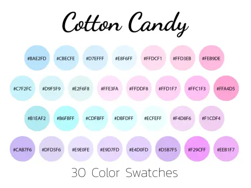 Paleta barw "Cotton Candy" zawiera delikatne odcienie błękitu, różu i fioletu, przypominające słodką watę cukrową.