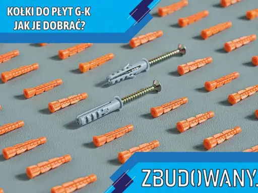 Pomarańczowe kołki do płyt gk i dwa szare kołki z wkrętami na szarym tle. Jak dobrać kołki do płyt gk?