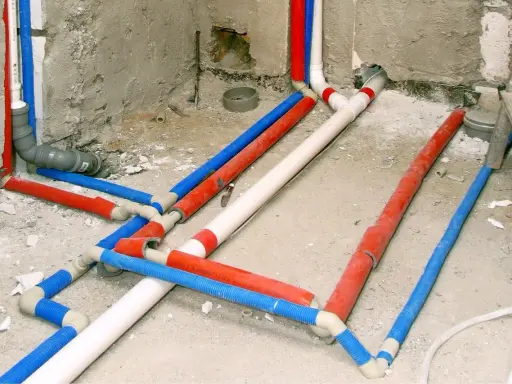 Skomplikowana instalacja wodna w karton gipsie, z rurami w kolorach czerwonym, niebieskim i białym, gotowa do ukrycia.